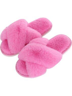 Women's Hot Pink Fuzzy Cross Band Memory Foam House Open Toe Soft Slipper Shoes